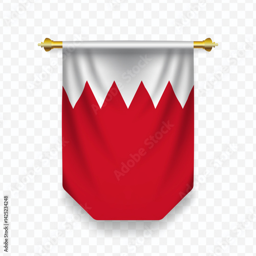 Flag of Bahrain. Vector illustration of a vertical hanging flag on a transparent background.