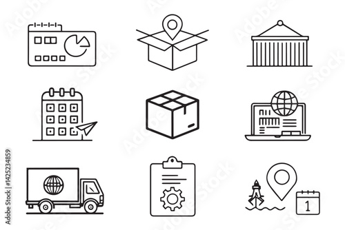 set of 9 outline icons related to Delivery and Logistics. Icon of Delivery, Shipping, Tracking, parcel, box icon. editable stroke vector and Illustration