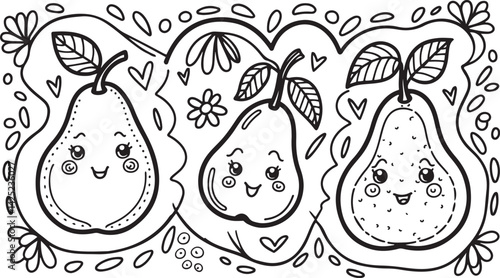 Playful black and white pear illustration featuring two differently shaped pears in whimsical poses with artistic textures and a soft textured surface