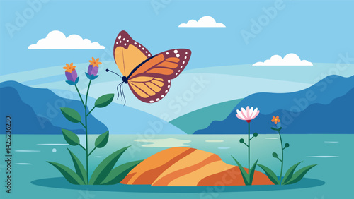A butterfly lands on a wildflower growing by the lake reminding the person watching of the beauty and growth that can come from reflection..