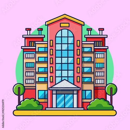 Stylized Illustration of a Multistory Building with Lush Green Landscaping Features