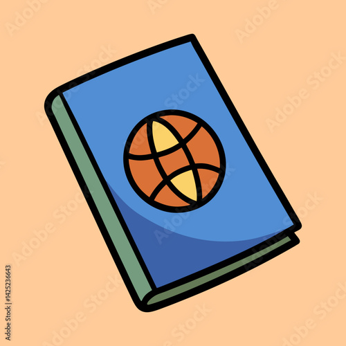 Cartoon illustration of a blue passport book with world globe emblem