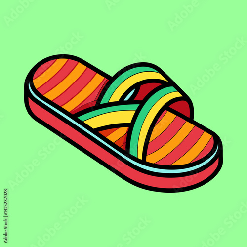 Colorful striped sandal or flipflop on a green background, digital illustration