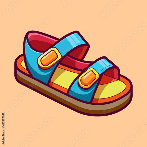 Stylized Colorful Kids Sandal Depicting Summer Footwear with Bold Outlines and Bright Palette