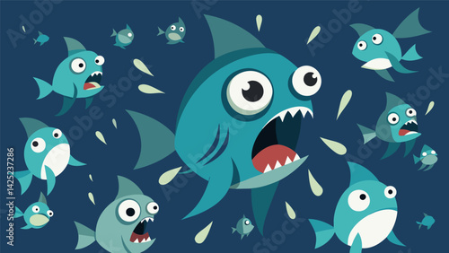 A school of tiny fish with exaggerated panicked expressions on their faces representing the spread of fear..