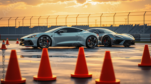 A modern sports car on a racetrack in the evening. AI generated.