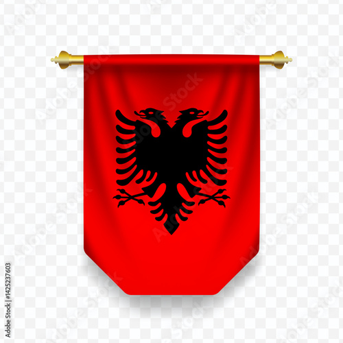 Flag of Albania. Vector illustration of a vertical hanging flag on a transparent background.