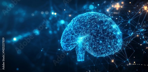 A brain made of lines and dots is shown in a blue background