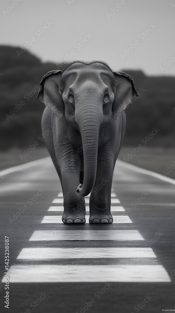 Obraz premium Elephant Crossing Road, Gray Scale