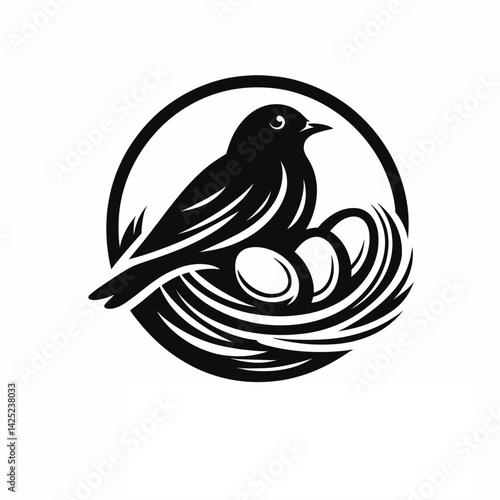 Silhouette of a bird sitting protectively over eggs in a round nest, logo type isolated on white background 