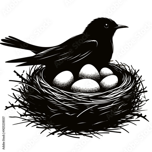 Silhouette of a bird sitting protectively over eggs in a round nest, logo type isolated on white background 