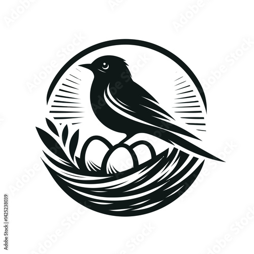 Silhouette of a bird sitting protectively over eggs in a round nest, logo type isolated on white background 