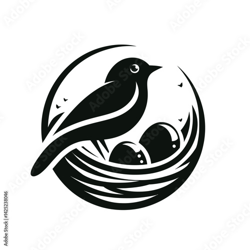 Silhouette of a bird sitting protectively over eggs in a round nest, logo type isolated on white background 