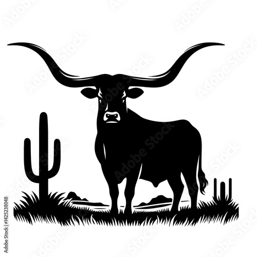 Silhouette of a longhorn cow with extended horizontal horns standing in a desert setting, black vector, white background