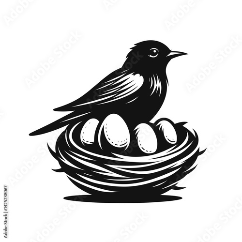 Silhouette of a bird sitting protectively over eggs in a round nest, logo type isolated on white background