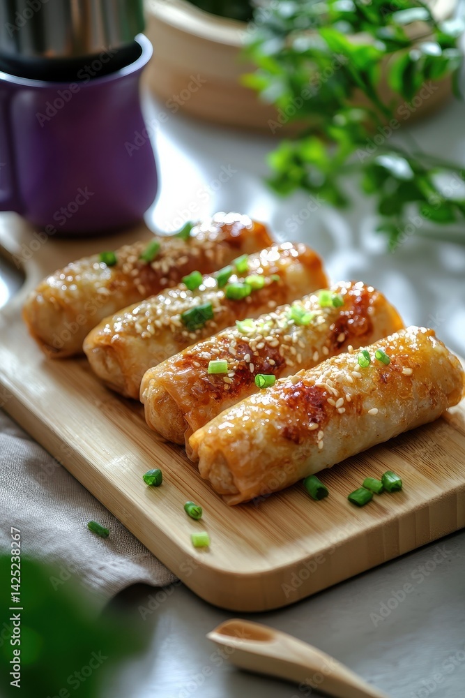 Crispy golden-brown spring rolls on a wooden board Crispy golden-brown spring rolls on a wooden board