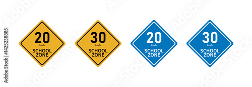 School Zone Speed Signs Set – 20 km/h and 30 km/h Limit Warning Symbols in Yellow and Blue. Vector Traffic Safety Design