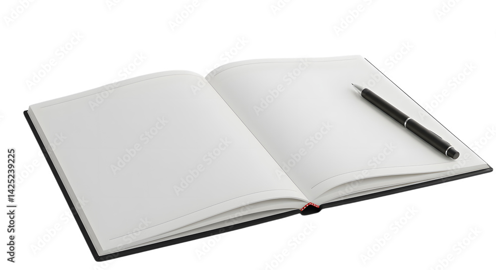 Open notebook with blank pages and a pen resting on the right side of it on transparent background Open notebook with blank pages and a pen resting on the right side of it on transparent background