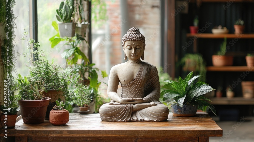 serene yoga area featuring a Buddha statue, a rustic wooden table with plants, and natural lighting serene yoga area featuring a Buddha statue, a rustic wooden table with plants, and natural lighting