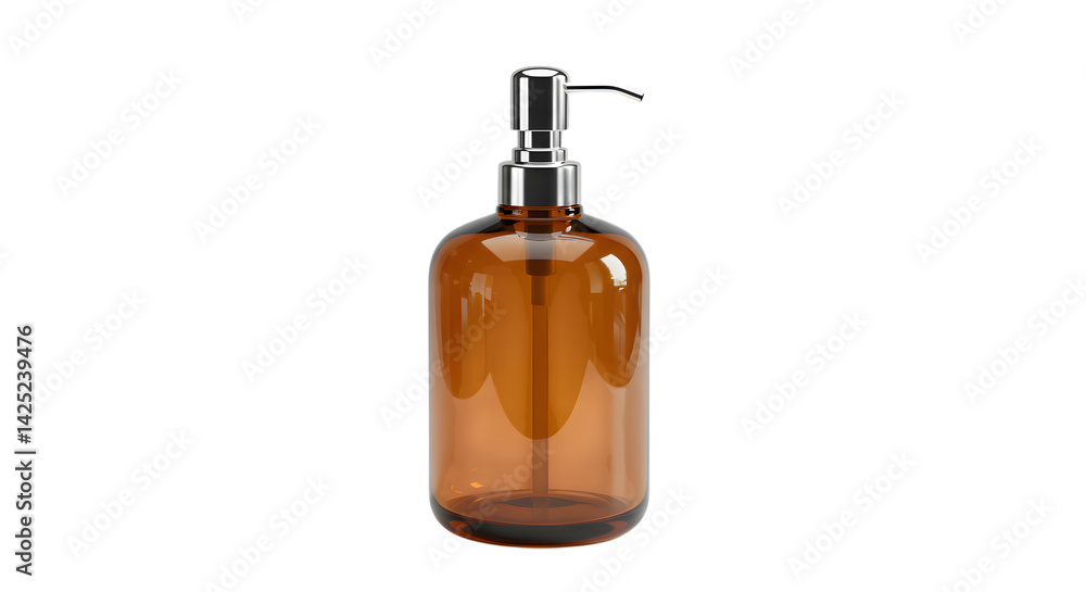 Close up of a transparent amber soap dispenser with a silver pump fixture on transparent background Close up of a transparent amber soap dispenser with a silver pump fixture on transparent background