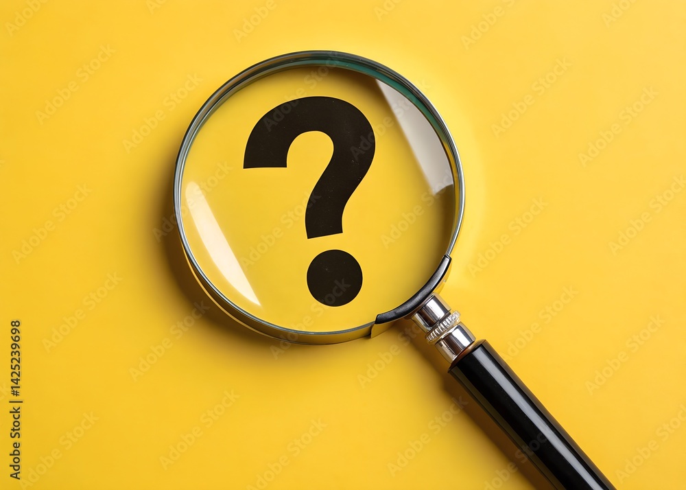 A close-up photo featuring a magnifying glass with a prominent black question mark symbol, viewed through the lens. The magnifying glass, with a metal stem and a circular frame, is positioned centrall A close-up photo featuring a magnifying glass with a prominent black question mark symbol, viewed through the lens. The magnifying glass, with a metal stem and a circular frame, is positioned centrall