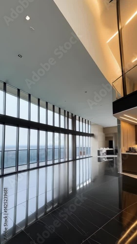 Spacious loft-style living room with panoramic windows and a stunning city view. Condo interior with quality furniture