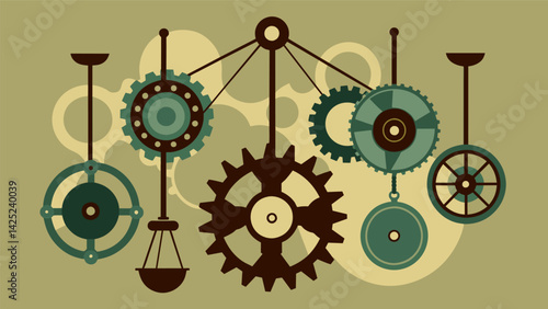 A collection of old metal gears and sprockets transformed into an eclectic and industrialinspired wind chime bringing music and charm to any outdoor. Vector illustration