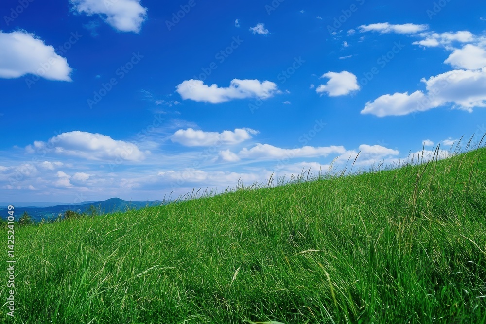 Mountain Grass. Lush Green Grass Underneath Clear Blue Sky Mountain Grass. Lush Green Grass Underneath Clear Blue Sky