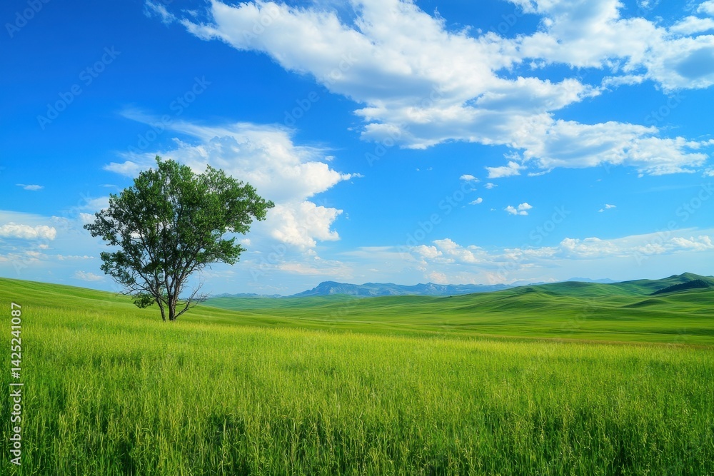 Mountain Grass. Blue Skies and Green Grass Landscape with Trees in Summer Mountain Grass. Blue Skies and Green Grass Landscape with Trees in Summer
