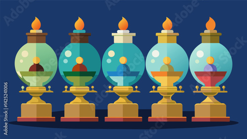 A display of antique glass oil lamps each one with an intricate base and colorful globe.. Vector illustration