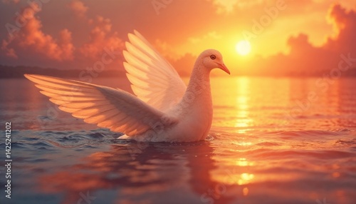 Majestic white dove gliding over tranquil water at sunset with golden reflections