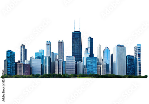 A realistic photograph of the Chicago skyline, with a transparent background