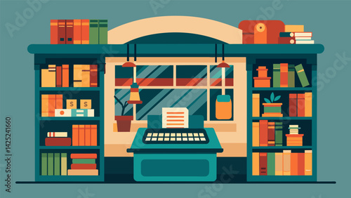A cozy bookstore displaying a range of antique typewriters that transport visitors to different literary eras.. Vector illustration