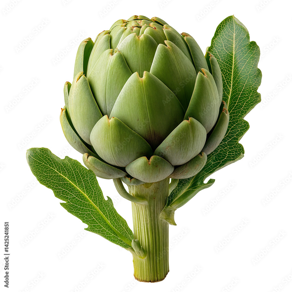 Fototapeta premium Fresh Green Artichoke with Stem and Leaves, Healthy Vegetable