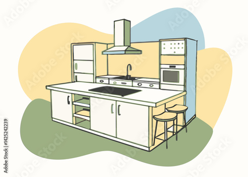 Modern Kitchen Island Design with Appliances and Cabinets