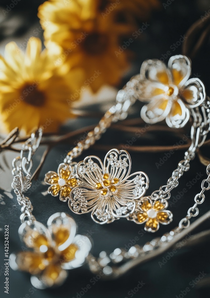 Obraz premium Silver floral jewelry, dark background, yellow flowers, handcrafted, Asian design