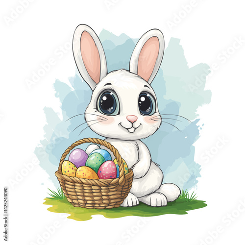 Cute Easter Bunny with Basket of Colorful Eggs
