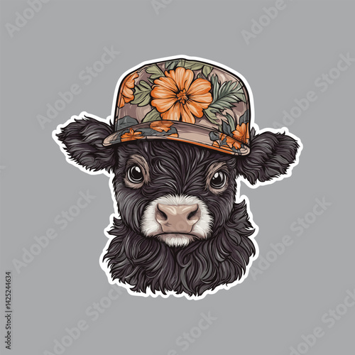 Cute cow calf with floral hat art