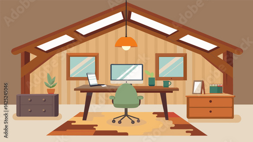 A mix of modern and rustic elements in a home office with a plush rug and exposed wooden beams offering a balance of comfort and simplicity..