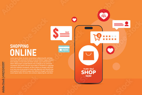 Online Shopping Mobile App Interface with Flash Sale and Product Ratings. vector design