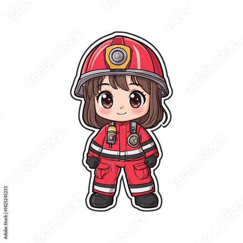 Cute Anime Firefighter Girl in Red Uniform