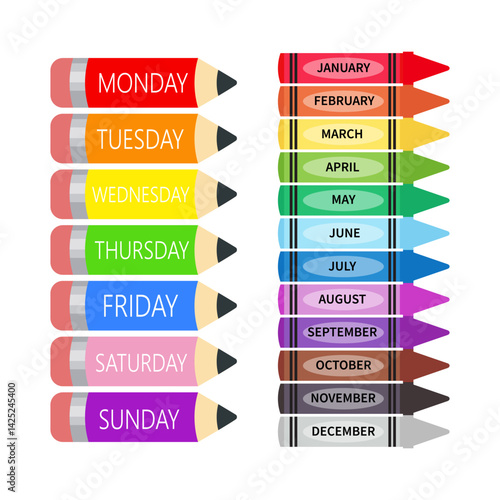 Colorful school supplies with days and months name label