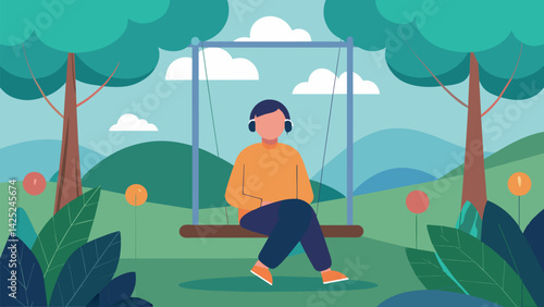A lone figure sitting on a swing eyes closed as they listen to the soothing sounds of nature around them. Vector illustration