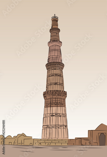 Kutub Minar Tower, New Delhi, India. Vector illustration.

