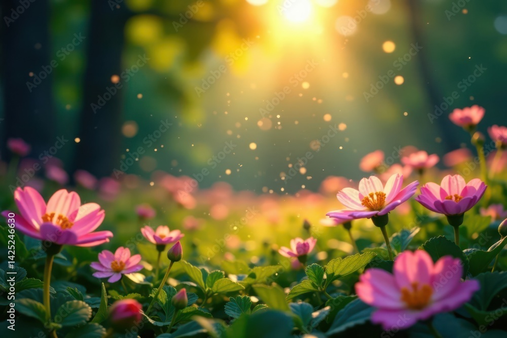 Obraz premium Sun-drenched clearing, luminous fireflies amidst a profusion of blooming flowers , glowing, yellow, leaves