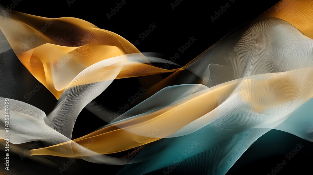 Fototapeta premium Abstract Flowing Silk Fabric with Gold and Teal Colors on Black