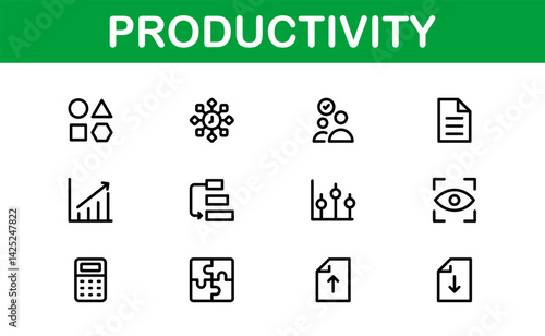 Productivity Essentials Icon Set. Clean, Professional, and User-Friendly Graphics for Work, Office, and Digital Planning Projects