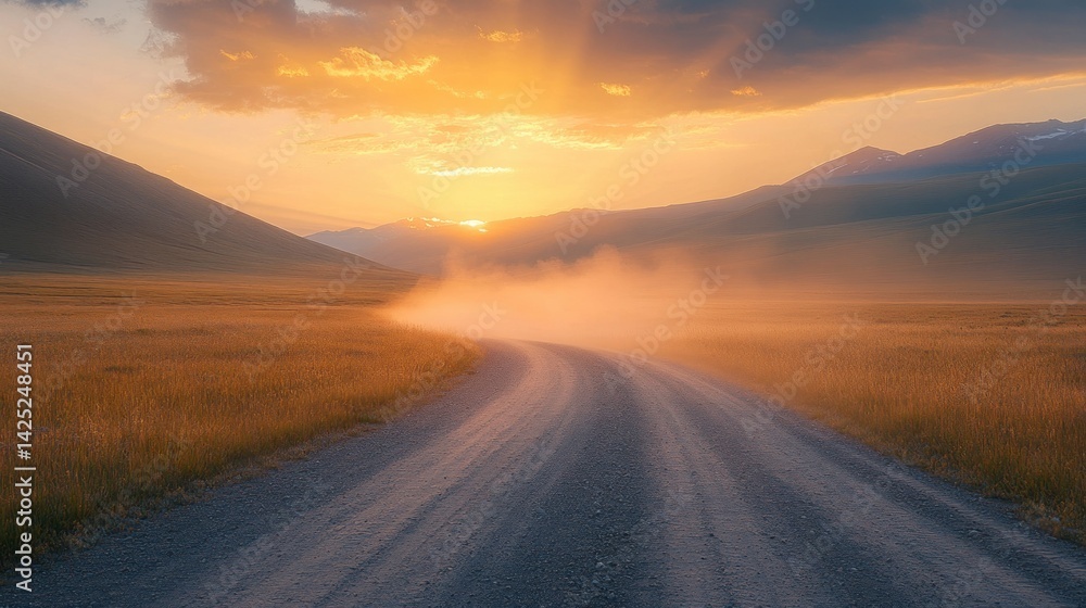 Fototapeta premium Dusty road leading to golden sunset over mountains