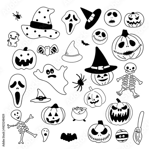 Halloween doodles black and white drawing set. Happy halloween doodle elements.Vector illustration