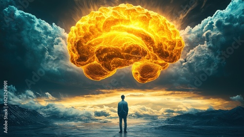 Glowing Mind Power Above Horizon with Spiritual Energy, mindful awakening illustration